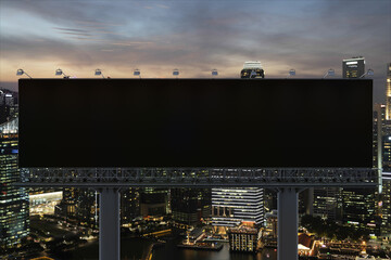 Fototapeta na wymiar Blank black road billboard with Singapore cityscape background at night time. Street advertising poster, mock up, 3D rendering. Front view. The concept of marketing communication to sell idea.