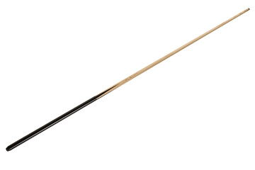 Wooden billiard cue with black handle, white background