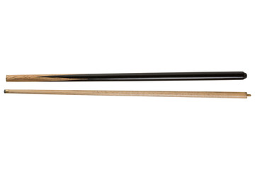 two parts of a wooden collapsible cue lie side by side, on a white background