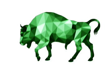 Bison, bull, emerald, isolated image on a white background in a low-poly style