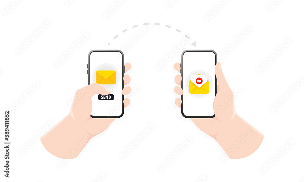 Poster hand holding smartphone with closed envelope, send button and notification with heart. hand holding 