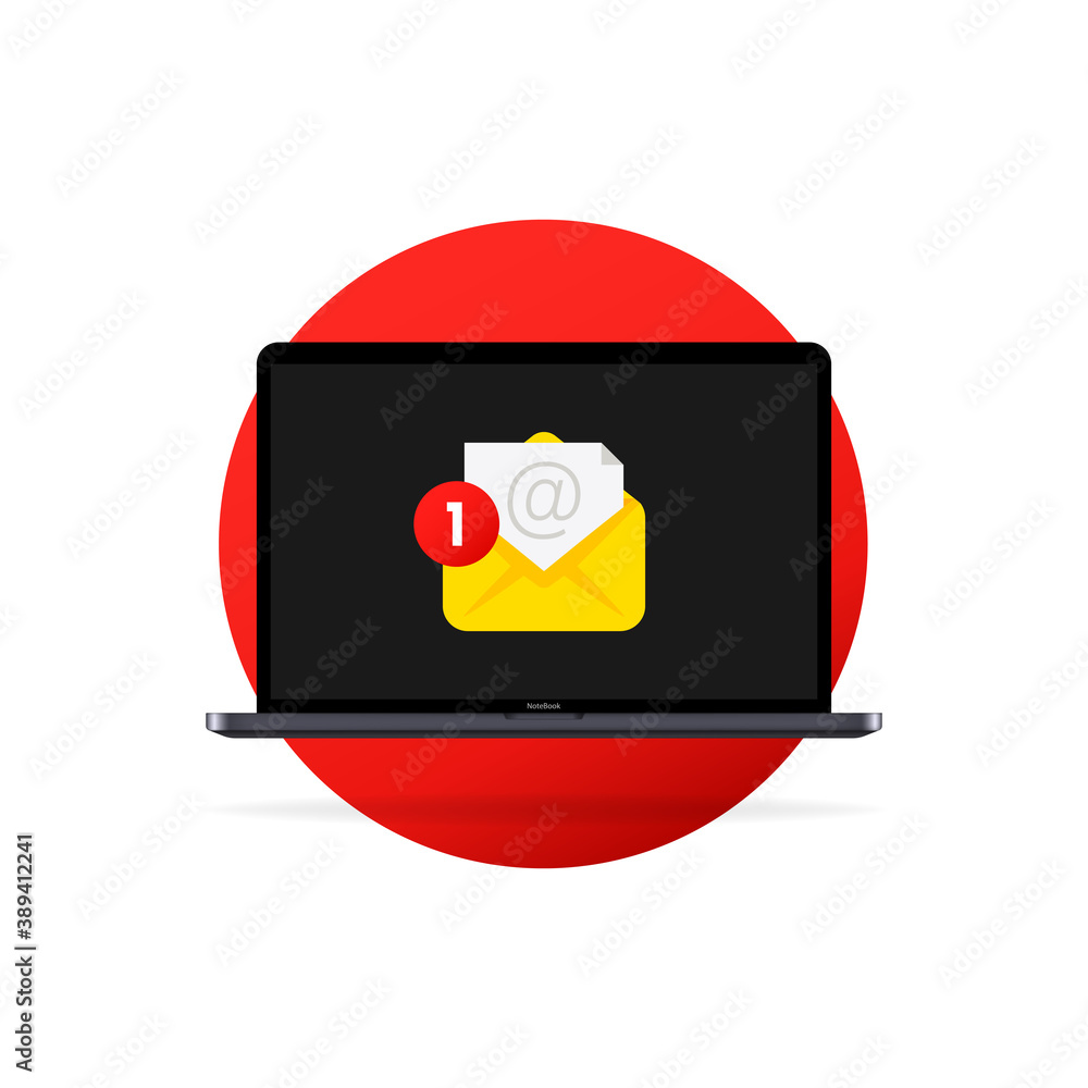 Poster message laptop notification. laptop with envelope and email on screen. email notification concept. m