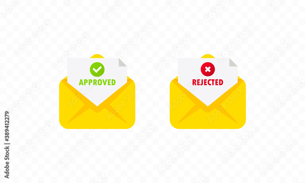 Poster two envelope with approved and rejected letters. opened envelope and document with green tick and re