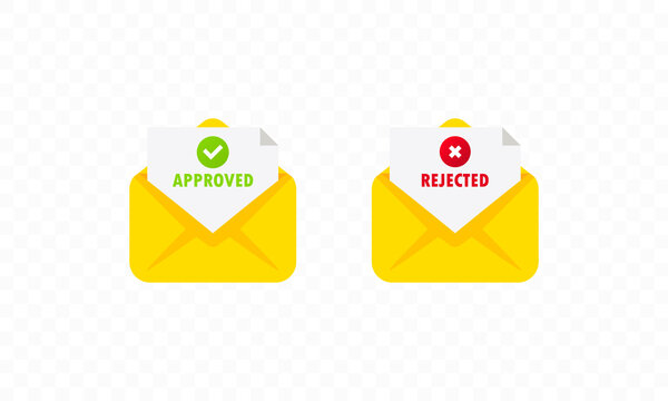 Two Envelope With Approved And Rejected Letters. Opened Envelope And Document With Green Tick And Red Cross Checkmarks Icon. Confirmation Or Rejection Email. Vector Flat Cartoon Illustration