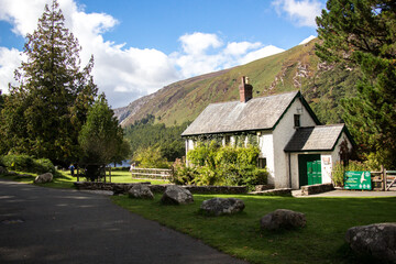 GLENDALOUGH, WICKLOW COUNTY, IRELAND - SEPTEMBER 12, 2018: Visitor Center at Glendalough's Upper Lake during a sunny autumn day.