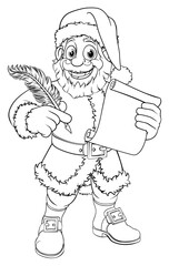 Santa Claus cartoon character. Holding quill pen and scroll or letter Christmas naughty nice gift list or letter to Santa. Black and white outline for printing or for use as a coloring book page etc.