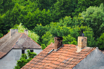 Fototapeta na wymiar Old buildings in the summer forest, houses with tiled roofs and chimneys. Stone built cottage