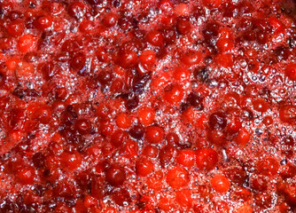 Jam from berries, cranberries and blueberries, the cooking process.
