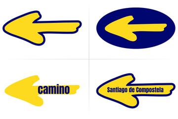 Traditional camino yellow arrow symbol with dark blue. Directional sign for pilgrims in Saint James way. Camino de Santiago de Compostela. Vector, isolated on white background.