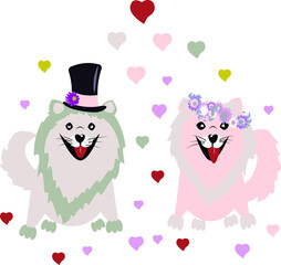 Card with a bride and groom.  Cute dogs witch valentine day. Love vector illustration.