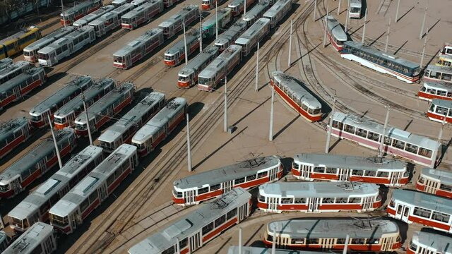 Trams in the depot parked, view from above.