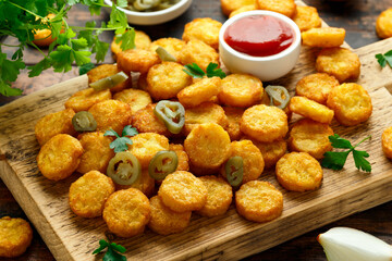 Mini hash browns, tater tots crispy golden potato bites served with jalapeno peppers dipped in ketchup