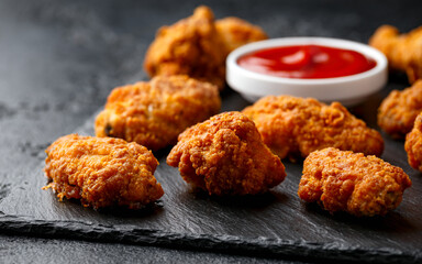 Spicy deep fried Chicken wings with ketchup on stone board