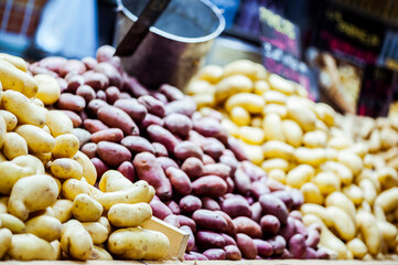 Pommes de terre de variétés différentes en vente sur un étal de marché