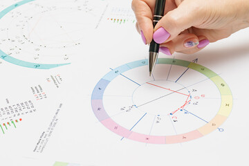 Workplace of a modern astrologer. Printouts of astrological charts, charts, tables, diagrams lying...
