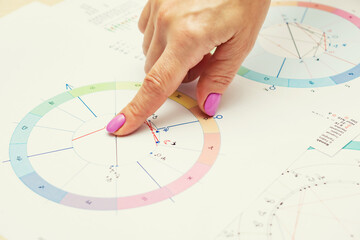 Workplace of a modern astrologer. Printouts of astrological charts, charts, tables, diagrams lying...