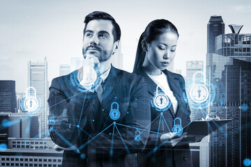 Two colleagues in multinational corporate team thinking about career opportunities at cybersecurity compliance division to protect clients confidential information. IT lock icons over Singapore.