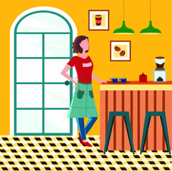 Coffeehouse, coffee shop or cafe barista standing at counter. Colorful vector illustration in trendy flat cartoon style.