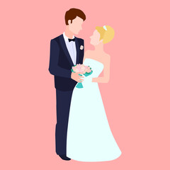vector illustration of bride and groom, flat style