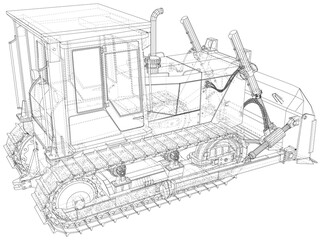 Bulldozer. Wire-frame outline style. Vector rendering of 3d.