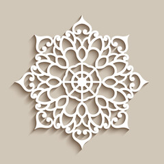 Lace doily, decorative snowflake, circle mandala ornament, cutout paper round pattern, laser cutting template