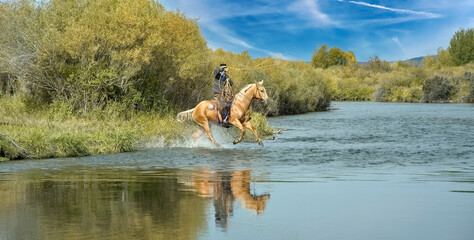 Obraz na płótnie Canvas Cowboy with lasso crossing river
