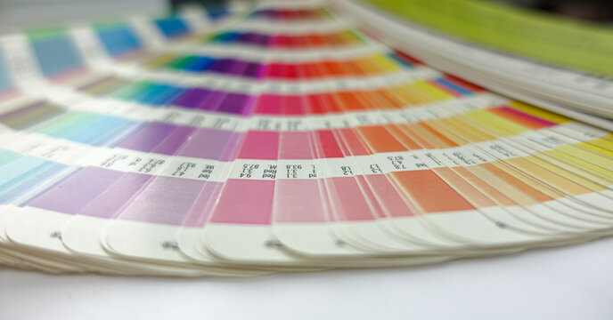 Color Guide Palette. Choosing Colors From Catalog Samples For Printing Proofing.  Concept Of Color Management In The Print Production Process.