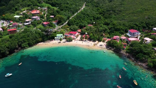 White sandy beach anse Dufour Martinique aerial touristic idyllic snorkeling location seaweed for turtles 