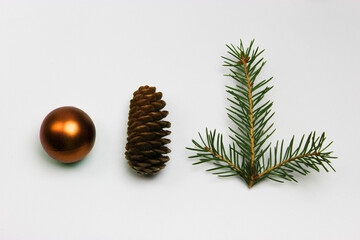 christmas tree on a white background, tree and cones, toys, balls