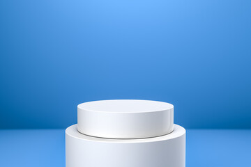Round product display podium. Minimal white geometric shape stage scene on blue background. 3d rendering.