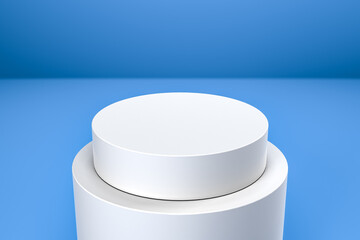 Round product display podium. Minimal white geometric shape stage scene on blue background. 3d rendering.