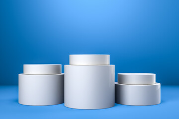 Round product display podium. Minimal white geometric shape stage scene on blue background. 3d rendering.