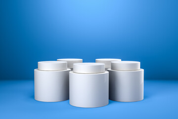 Round product display podium. Minimal white geometric shape stage scene on blue background. 3d rendering.