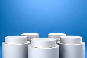 Round product display podium. Minimal white geometric shape stage scene on blue background. 3d rendering.