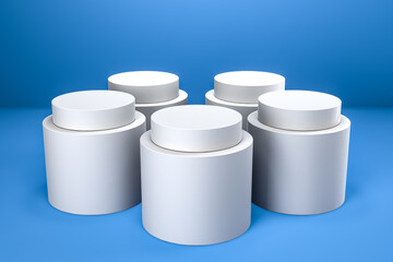 Round product display podium. Minimal white geometric shape stage scene on blue background. 3d rendering.