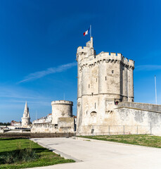 view of the old towers and fort and city walls at La Rochelle harbor