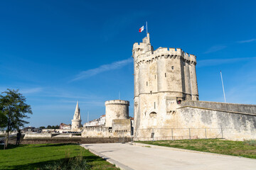 view of the old towers and fort and city walls at La Rochelle harbor