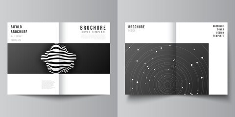 Vector layout of two A4 format cover mockups design templates for bifold brochure, flyer, magazine, cover design, book design, brochure cover. Tech science future background, space astronomy concept.