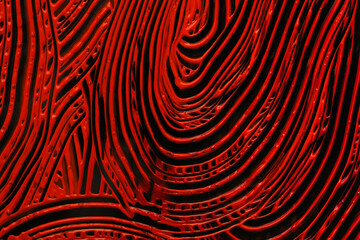 Abstract red and black color acrylic wave painting. Canvas vintage grunge texture horizontal background.