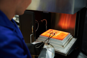 Laboratory technician baking new material in laboratory oven - 389418421