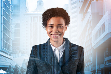 Successful smiling black African American business woman in suit. Singapore cityscape. The concept of woman in business. Legal consultant. Double exposure.