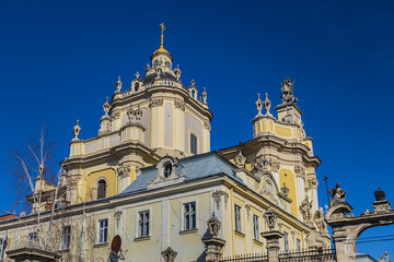 Fototapeta na wymiar View of Lviv Greek Catholic Archbishop's Cathedral of Saint George (Ukr: Sobor sviatoho Yura, 1760) - magnificent Rococo architectural ensemble dating back to the XVIII century. Lviv, Ukraine.