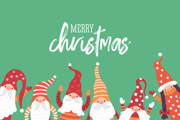 Christmas holiday banner design with cute scandinavian gnome characters. Childish print for cards, poster and party invitation. Vector Illustration