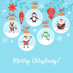 Christmas holiday cute greeting card design. Childish print for cards, poster and background. Vector Illustration