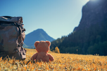 teddy bear and backpack in the mountains