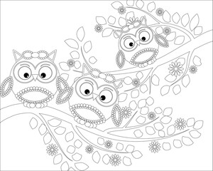 Coloring book for adult and older children. Coloring page with cute owl and floral frame. Outline drawing in zentangle style