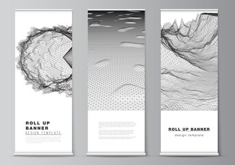 Vector layout of roll up mockup templates for vertical flyers, flags design templates, banner stands, advertising. Abstract 3d digital backgrounds for futuristic minimal technology concept design.