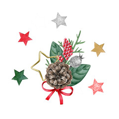 Watercolor hand drawn christmas decoration. Can be used as print, postcard, invitation, greeting card, packaging design, textile design, label, stickers, element design.