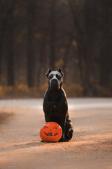 cane corso sitting makeup skeleton dog halloween in the forest