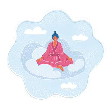 Vector illustration of happy woman on clouds in sky. Female character wear in pink pajamas.